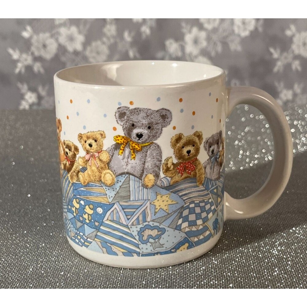 Vintage 1986 Teddy Bear Coffee Mug Blue Patchwork Quilt Nursery Cottagecore